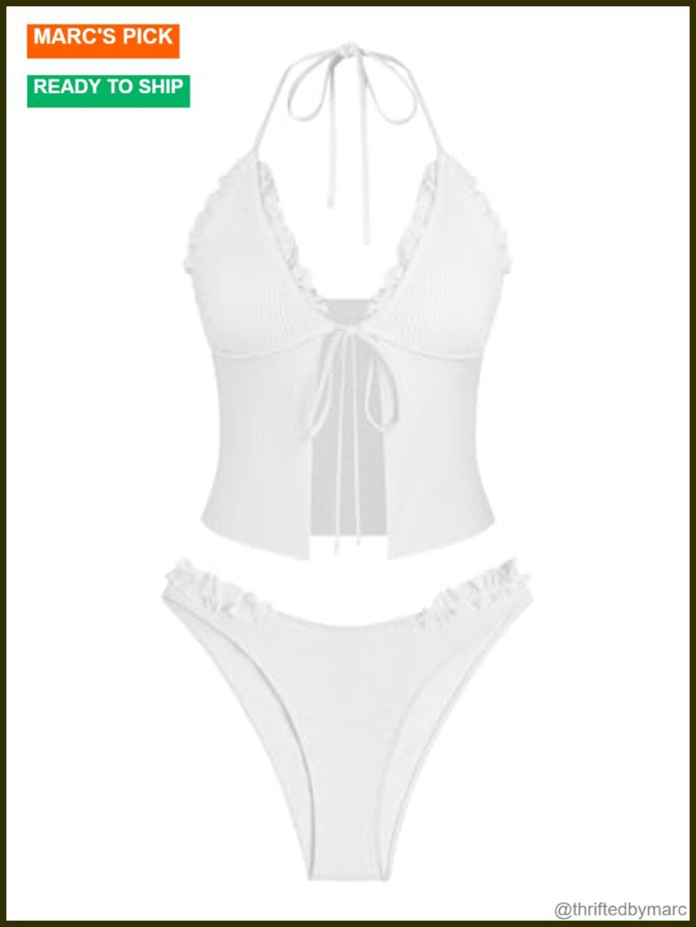 Smocked Ruffle Tie Front Tankini Swimsuit Set Tummy Control